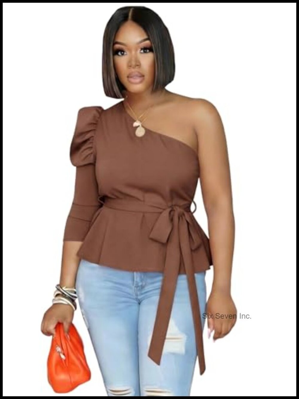 One Shoulder Ruffle Peplum Blouse Asymmetrical Hem Puff Sleeve Top